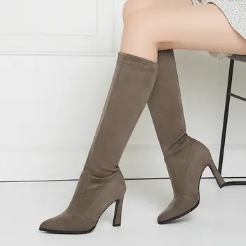 

Brand Design Pointed Toe Stiletto Heel Stretch Knee Boots Women 2019 Sexy Leopard Print Dress Party Boots Woman Faux Suede Boots