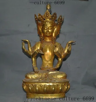 

wedding decoration old Tibet Buddhism Bronze gold 4 head 8 arms tara Kwan-Yin GuanYin Buddha statue