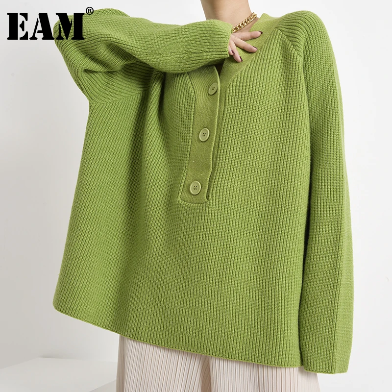 [EAM] Green Brief Big Size Knitting Sweater Loose