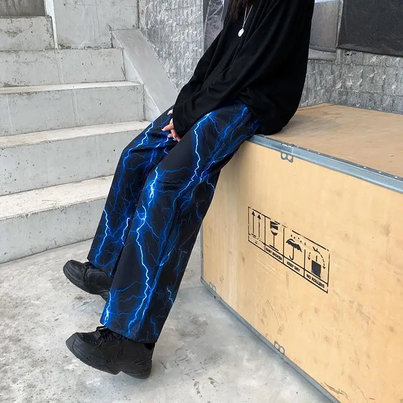 Summer ins super fire lightning printing Harajuku bf wind high street wide leg pants straight casual trousers men and women tide