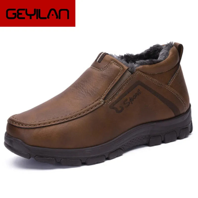 

Size 38-48 Winter New Soft Leather Men Ankle Boots Motorcycle With Fur Plush Warm Snow Boots Vintage Classic Male Casual booties