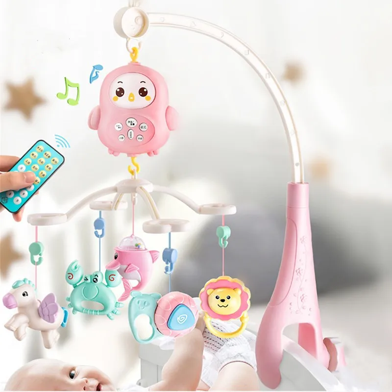 Детская кровать колокольчик освещенная вращающаяся музыкальная шкатулка мультфильм кулон в форме животного грызунки-погремушки младенец раннее образование Успокаивающая сенсорная игрушка - Цвет: Розовый