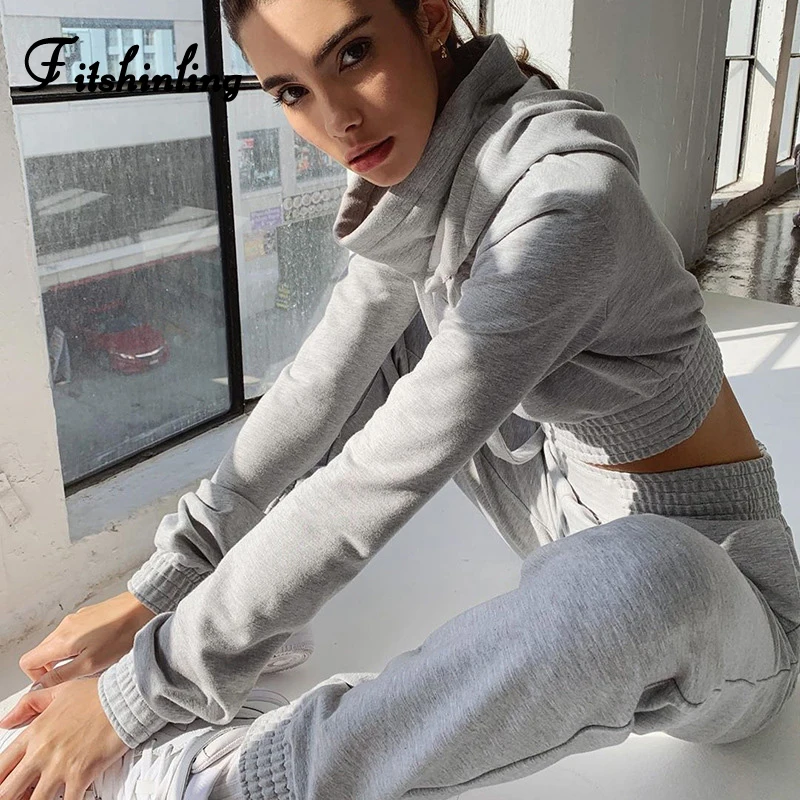 

Fitshinling Fashion Autumn Winter Hoody Suits 2019 Slim Cropped Hoodie Pants Tracksuit 2 Piece Matching Set Cotton Outfits Women