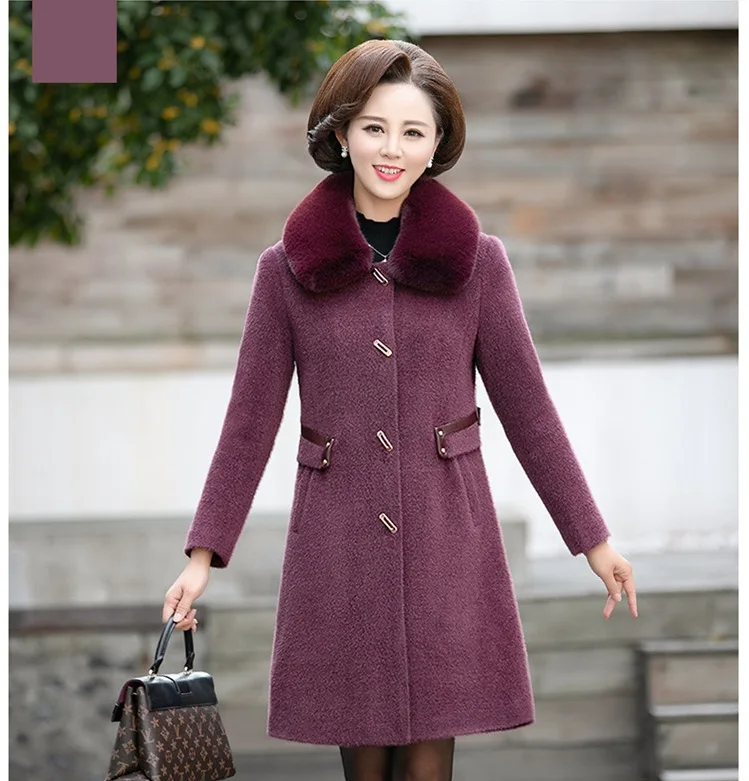 Light purple UHYTGF, зимнее пальто, женское, качество, норка, кашемир, шерстяное пальто, женская мода, меховой воротник, толстая, повседневная, теплая куртка, 5XL размера плюс, 1042 - Color: Light purple