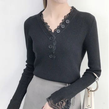 

Women Sweater Pullover Rib Knitted Cotton Tops V-Neck Jumper Long Sleeve Sweaters Lace Button Elegant Girl Sweater