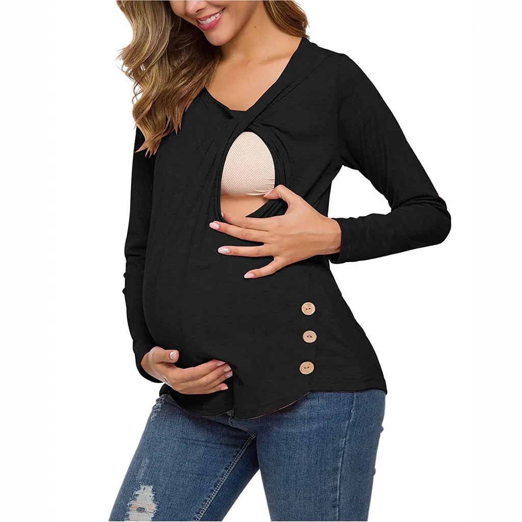 Женская блузка для беременных, длинный рукав, боковая пуговица, туника для кормящих, топы для грудного вскармливания, Повседневная Зимняя Блузка для беременных, рубашка