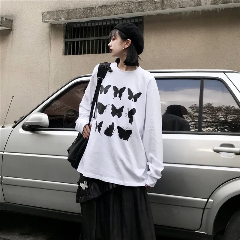 Neploe Ins Harajuku стиль уличная одежда для влюбленных унисекс футболки с круглым вырезом и принтом бабочки футболка с длинным рукавом низ Свободный Повседневный женский топ