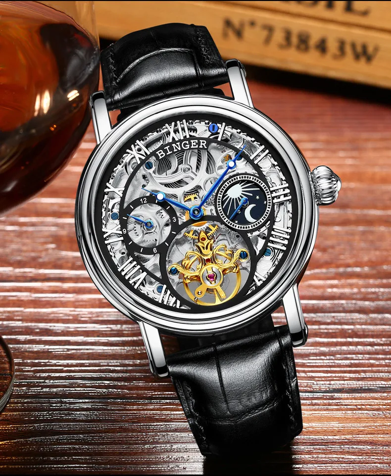Швейцария БИНГЕР часы для мужчин люксовый бренд Tourbillon Relogio Masculino водостойкие Скелет механические часы B-1171-3