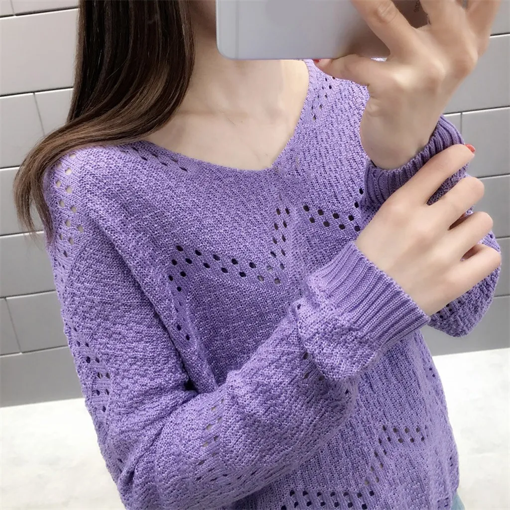 Jaycosin Fashion Women Casual Simple Long Sleeve Knitting V-Neck Sweater Stylish Comfortable Bottoming Hollowed Out Sweater