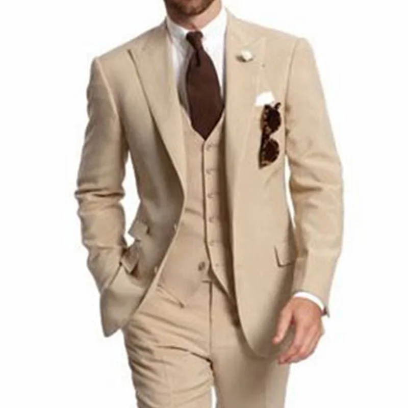 

Business Party Best Men Suits Peaked Lapel Custom Wedding Groom Tuxedos 2019 Three Piece Jacket Pants Vest Male Blazer