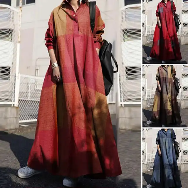 ZANZEA Summer Stylish Women Vintage Long Sleeve Loose Sundress 2021 Casual Long Maxi Dress Kaftan Femme Solid Party Vestido Robe 5