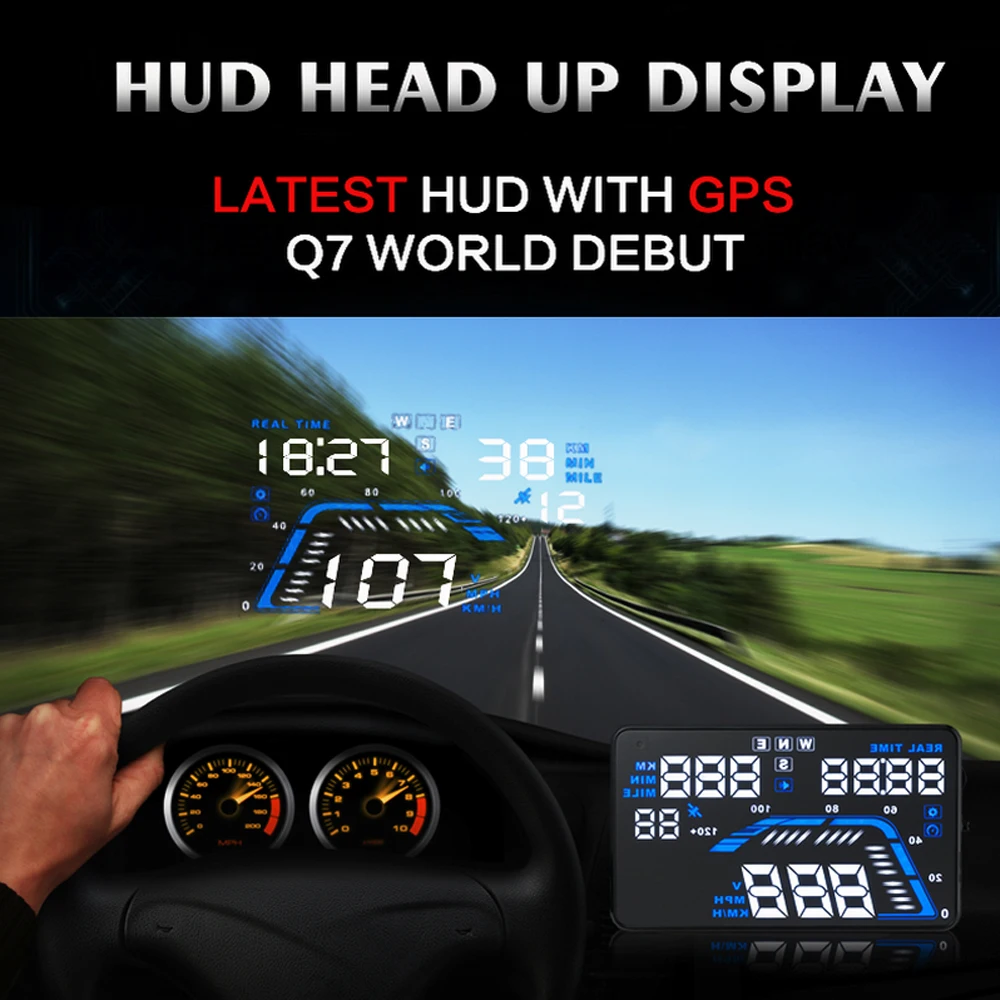 Q7 5," многоцветный автомобильный HUD gps дисплей спидометры превышение Предупреждение приборной панели лобовое стекло проектор Универсальный