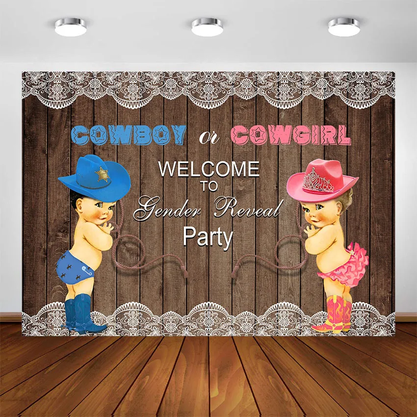 Cowboy or Cowgirl Gender Reveal Backdrop Rustic Wood Girl or Boy Boots