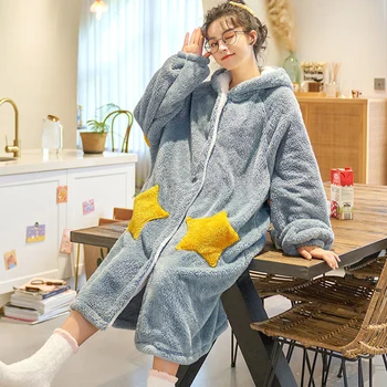 

Lady Blue Soft Nightgown Sleepwear Winter New Flannel Nightdress Coral Fleece Warm Night Dress Home Wear Lovers Home Clothes
