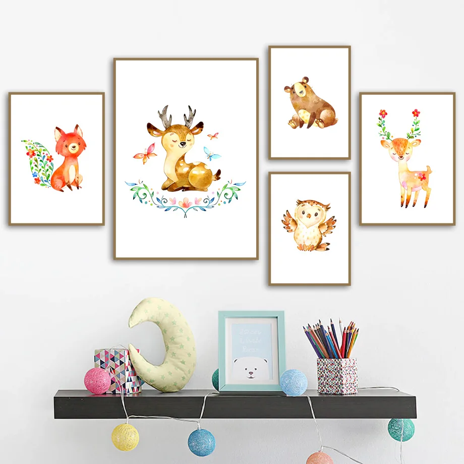 

Cute Cartoon Deer owl Bear Fox Nursery Wall Art Canvas Painting Nordic Posters And Prints Wall Pictures For Baby Kids Room Decor