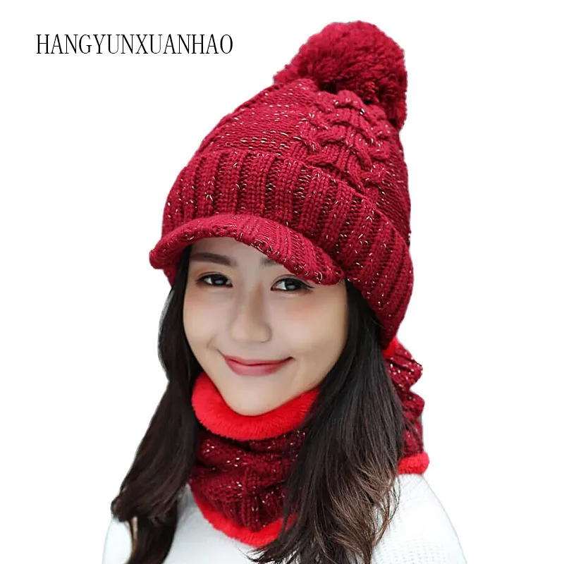

2019 Winter Women Autumn Warm Hats Girl Knitted Beanies Hats and Scarf Two Pieces Set Women Casual Cap Set Scarf Female Cap Bone