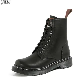 

2020 New winter Genuine leather Women boots Motorcycle boots Outdoor boots black white cowhide Women shoes Ankle Lace-Up