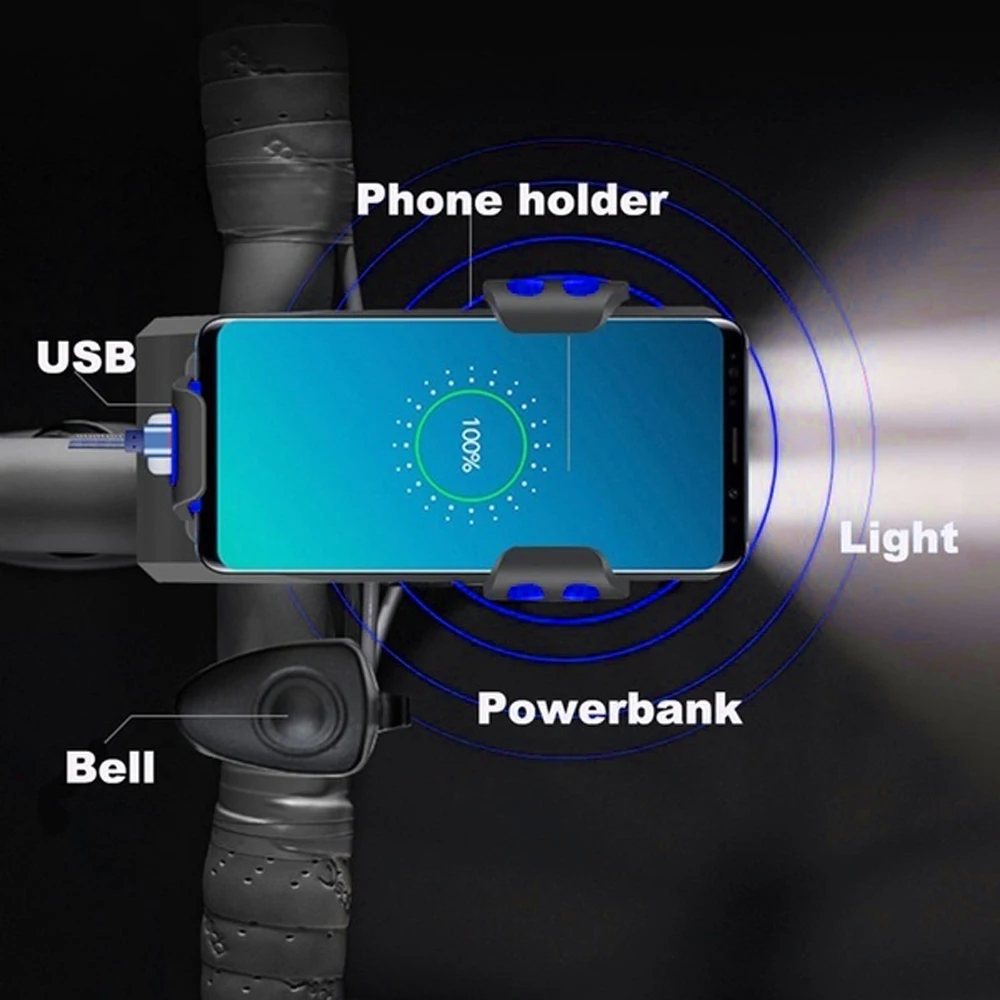 4 в 1 велосипедный светильник USB, высокий светильник, держатель для велосипедного телефона, велосипедный рожок, светодиодный светильник, 4000 мА/ч, внешний аккумулятор, 130 дБ, колокол, динамик, перезаряжаемый