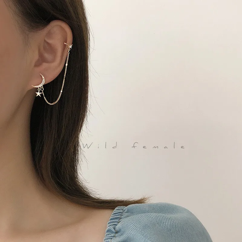 Gold Color Moon Star Clip Earrings for Women Simple Fake Cartilage Long Tassel Ear Cuff Jewelry Gift ear clip earrings clip earrings ear clip ear accessories