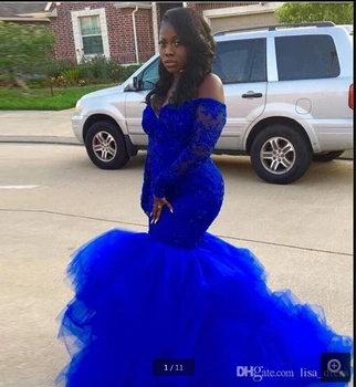 

Sexy African Black Girls Royal Blue Ruffled Prom Dresses Mermaid Long Sleeve Appliques Lace Tulle Women Long Party prom Gowns