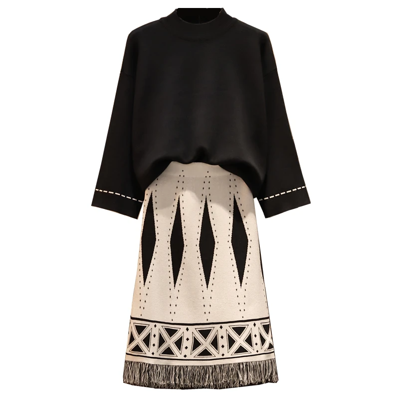 Big Yards L-4XL Core-Spun Yarn Pullover Black Sweater Knitting Skirt Suit Women 2 Pcs Clothing Set Knitted Outfit Loose Vestido |