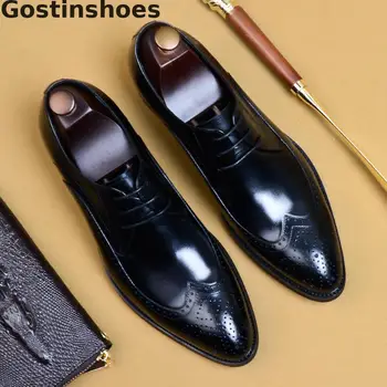 

Men Derby Shoes Black Brown Genuine Leather Mens Shoes Lace-up Pointed Toe Wing Tip Cut-out Breathable Dress Men Shoes Wedding