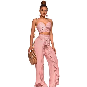 

2020 New Women Spaghetti Strap Plunging V-neck Crop Top Tie Up Ruffles Loose Pant Suits Two Piece Set Beach Outfit Tracksuits