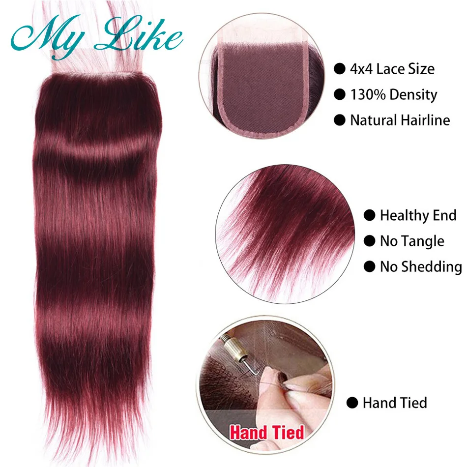 My Like 99J Straight Hair Bundles with Closure Red Burgundy Human Hair Bundles with Closure Nonremy Brazilian Hair Weave Bundles