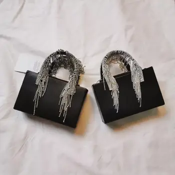 

Tassel Rhinestone Square Black Handbag Flash Diamond Bag Portable Small Square Bag Chain Evening Party Bags Bling