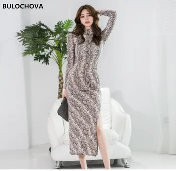 

Elegant Women Runway Turtleneck Large Size Split Long Dress 2019 Autumn Korean Womans Long Sleeve Sexy Package hip Slim Dresses