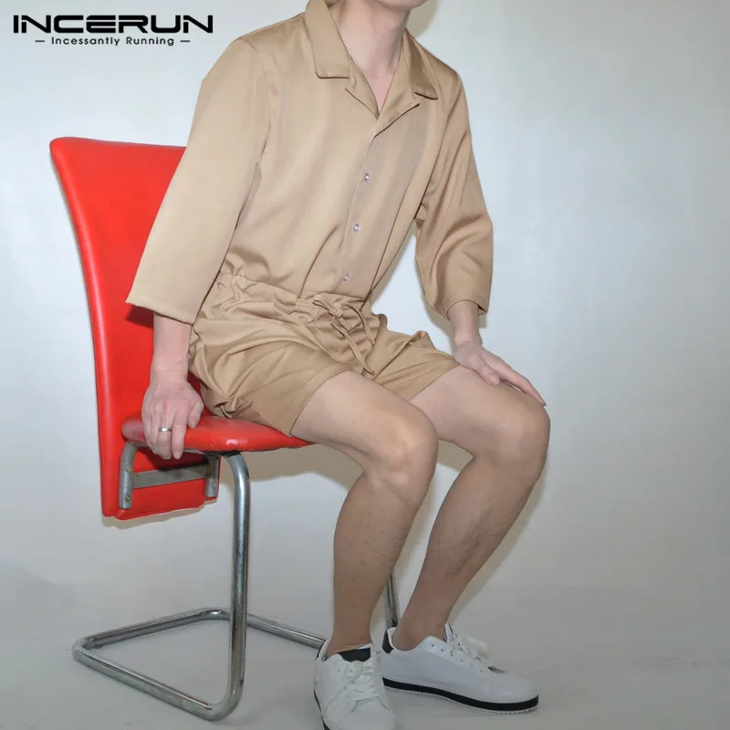 INCERUN, мужской Одноцветный Модный комбинезон с рукавом 3/4, повседневный Повседневный Джокер, мужские мешковатые комбинезоны с воротником с отворотом, уличная одежда