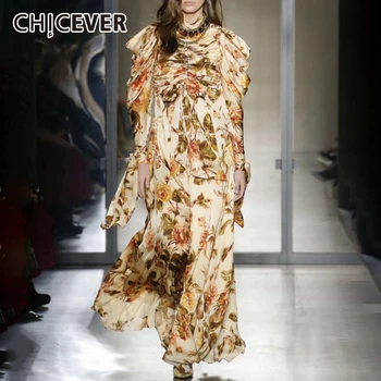 

CHICEVER Autumn Print Maxi Dress Women Stand Collar Lantern Sleeve High Waist Bandage A Line Female Dresses Vintage Fashion New