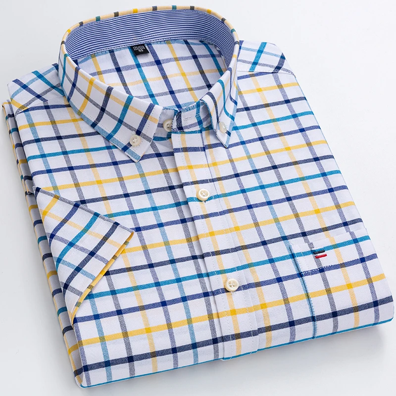 Cotton Shirts for Men Short Sleeve Summer Plus Size Plaid Shirt Striped Male Shirt Business Casual White Regular Fit casual short sleeved shirt short sleeved shirt