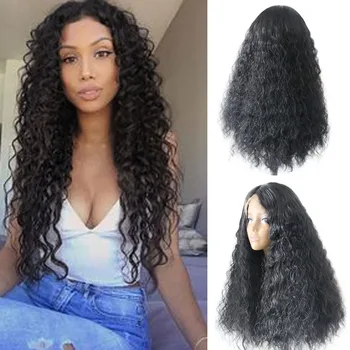 

RONGDUOYI Black Wig Long Loose Curly Glueless Synthetic Lace Front Wig Heat Resistant Fiber Middle Part Hair Wigs For Women