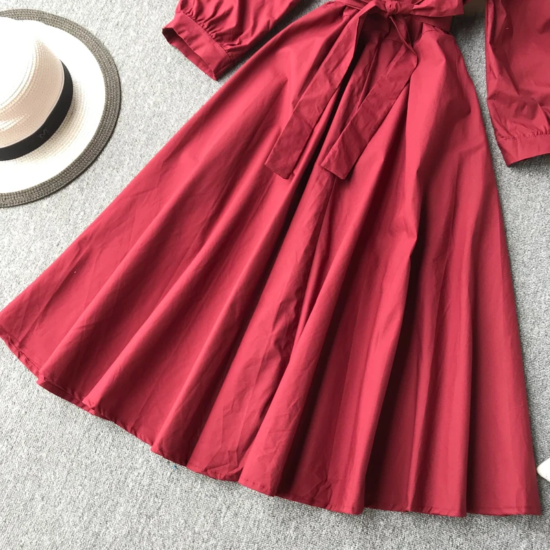Foamlina Casual Autumn Dress Women Peter Pan Collar 3/4 Sleeve Bowtie Sash Elegant Ladies Work Party Flare Dress Robe Femme