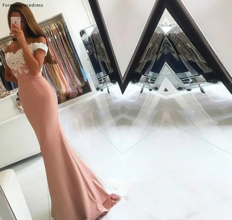 2017 Pink Prom Gowns Off the shoulder Sweetheart Zipper Long Mermaid Prom Dresses Lace Appliques Formal Party Gowns  105 (2)