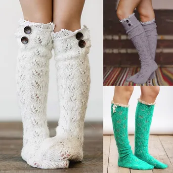 

2019 Women Knee-High Socks For Ladies Girls Winter Warm Thick Knit Cotton Solid Socks With Button calcetines mujer FN65