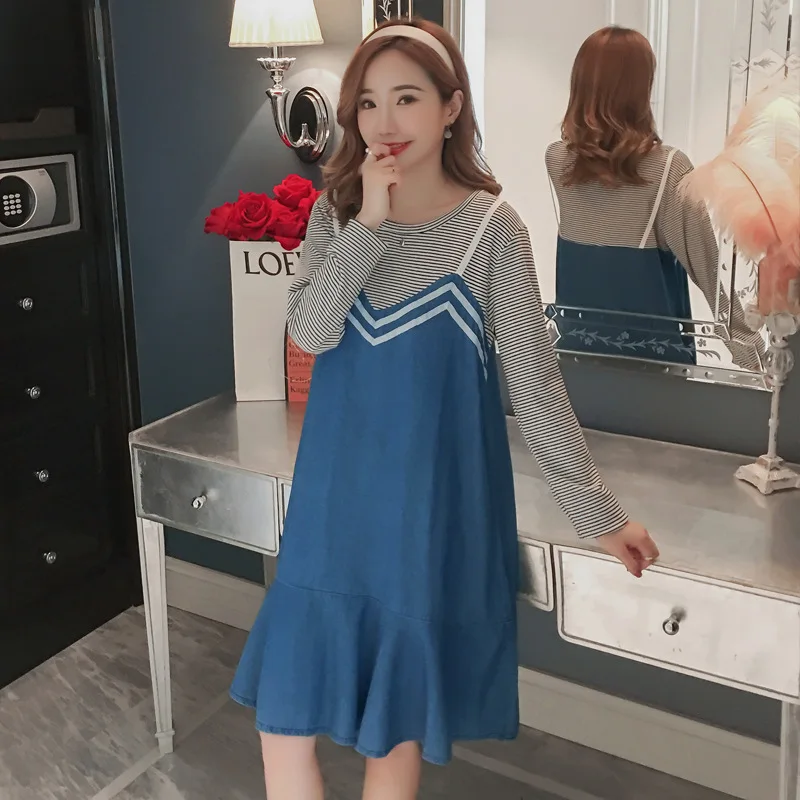 

Maternity Clothes Autumn Clothing 2019 New Style Pure Cotton Stripes Joint Mock Two-Piece Cowboy-Style Fashion Mom Women's Pregn