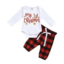 Рождественская Одежда для новорожденных мальчиков и девочек 0-24 месяцев, комбинезон, топ, штаны, комплект одежды