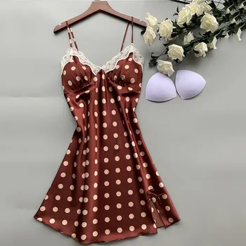 

Brown Polka Dot Print Spaghetti Strap Nightdress Satin Lounge Sleepwear Lace Trim Home Dress Sexy V-Neck Backless Nightgown