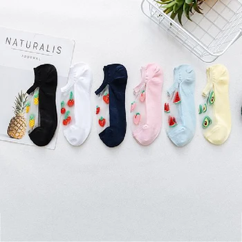

Women Casual Socks Summer Transparent Silk Fruit Print Short Socks Breathable socks avocado Strawbarry Thin Sock Black White New