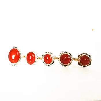 

Nepal 925 Sterling Silver Inlaid Natural Red Agate Flower Rings for Lady Nepal Vintage Jewelry T9030