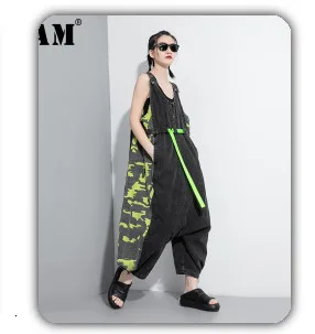 [EAM] High Elastic Waist Black Pocket Split Long Wide Leg Trousers New Loose Fit Pants Women Fashion Spring Autumn 2020 1X812
