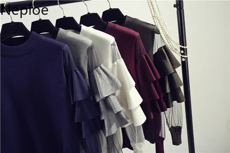Neploe, модный винтажный вязаный женский свитер, весна-осень, Свободный джемпер с оборками и рукавами-фонариками, пуловер, топы для женщин, 91192