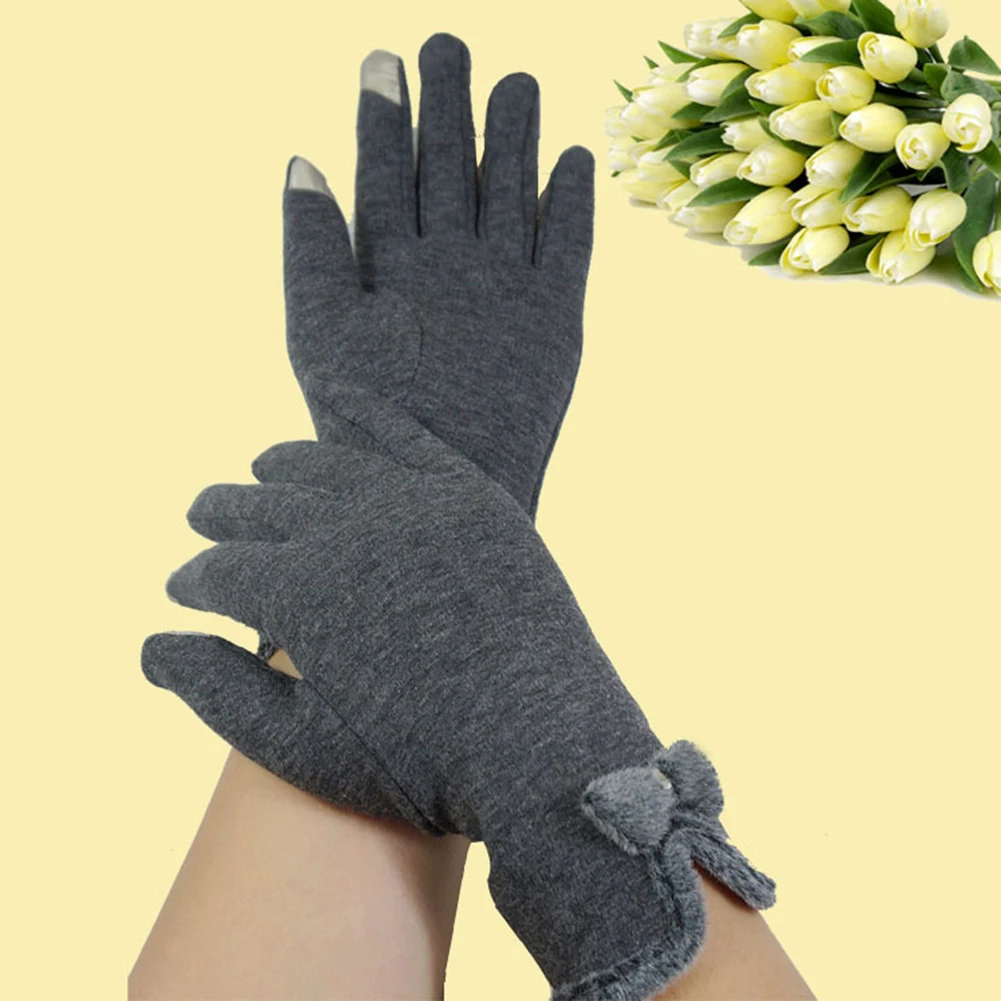 Зимние уличные перчатки с сенсорным экраном, теплые бархатные перчатки с подкладкой, перчатки с бантом на пальцах, модные элегантные женские перчатки