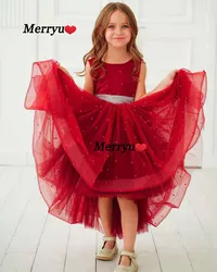 Pearls Red Flower Girl Dresses Kids Communion Dresses Bow Girl Pageant Dresses Tulle Little Bride New Year  Dress