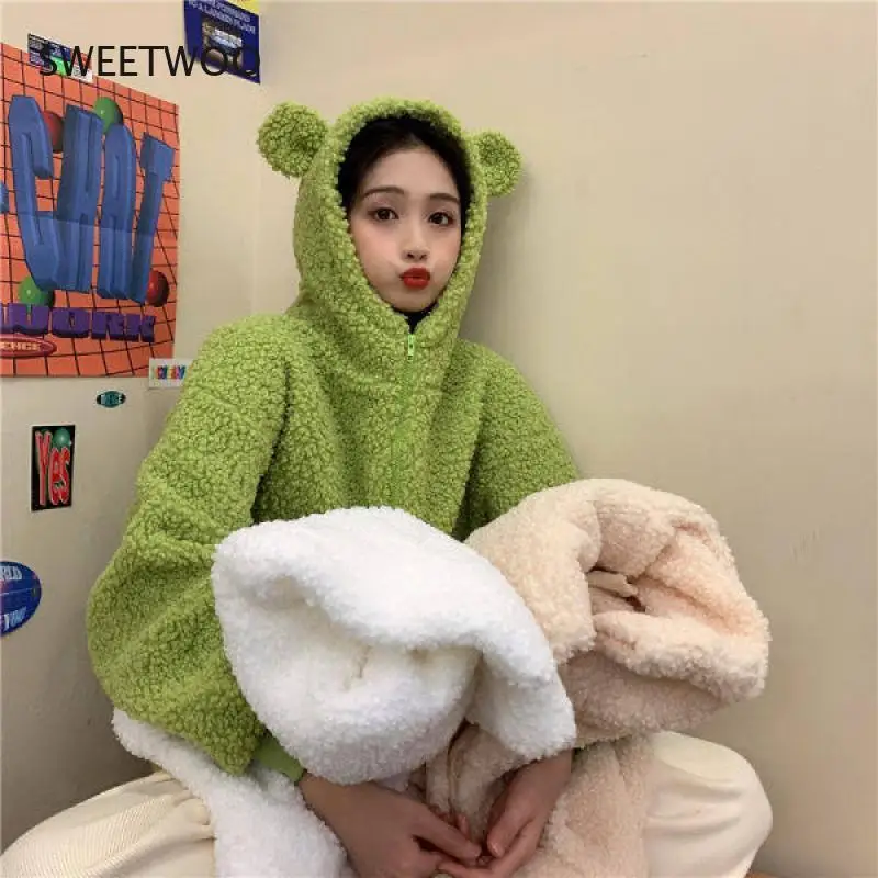 Autumn Winter Women Avocado Color Zip-Up Sweatshirt Kawaii Fleece Faux Fur Long Sleeve Hooded Teddy Bear Ears Soft Hoodies Plus