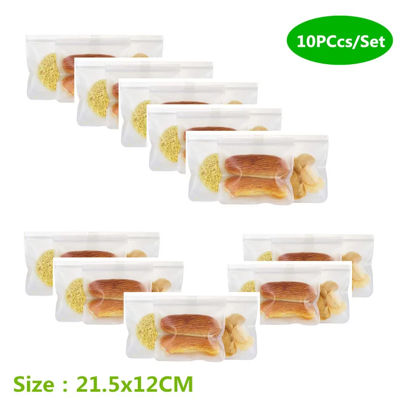 10 Pack Silicone Food Storage Bag Reusable Freezer Bag Zip lock Leakproof Top Fruits Food Fresh Bags Kitchen Organizer - Цвет: 10PCS 21.5x12cm