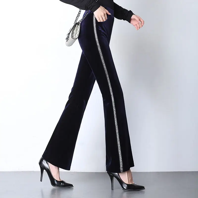 navy silver stripe Высокая эластичная талия брюки женские Боковые Полосатые повседневные женские длинные штаны осень-зима модные Femme Pantalon расклешенные брюки - Цвет: navy silver stripe
