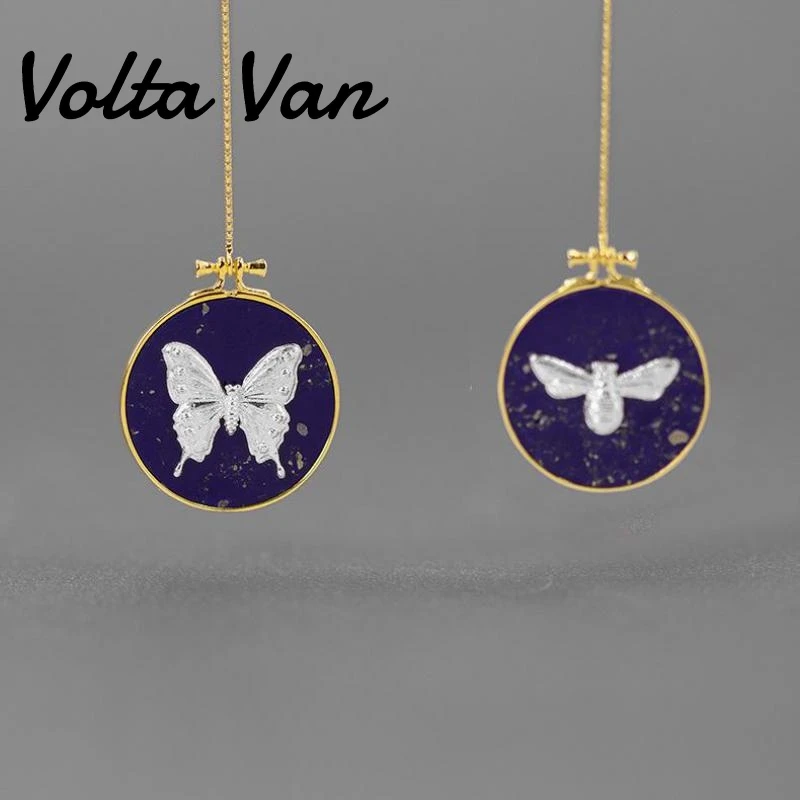 

Volta Van 925 Sterling Silver Women Drop Earrings Pendientes Plata Different On Both Sides Bee Butterfly Elegant Lapis Earrings